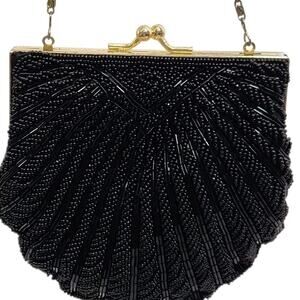 VTG BLACK HAND BEADED EVENING PURSE BAD CLUTCH CLAM SHELL DATE WEDDING PROM GOLD